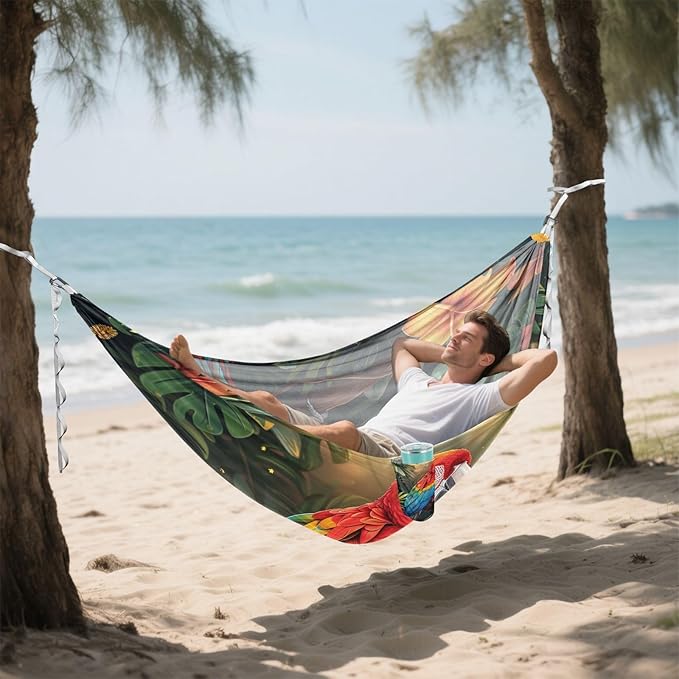 Vibrant Tropical Macaw Parrot Flower Outdoor Hammocks Indoor Hammock for Outside Patio Backyard Poolside