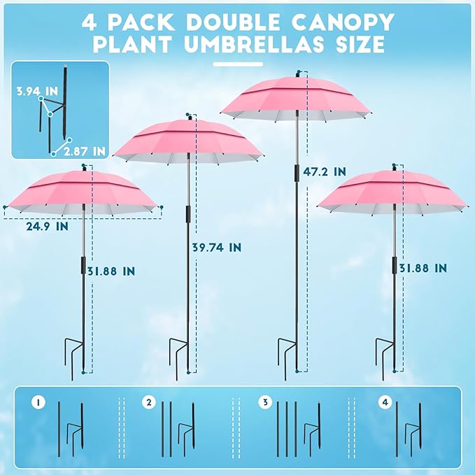 4 Pack 24.9" Double Canopy 47.2" Height Plant Umbrellas for Outdoor Plants, 3D Stakes 360° Adjustable Plant Shades for Outdoor Plants, Garden