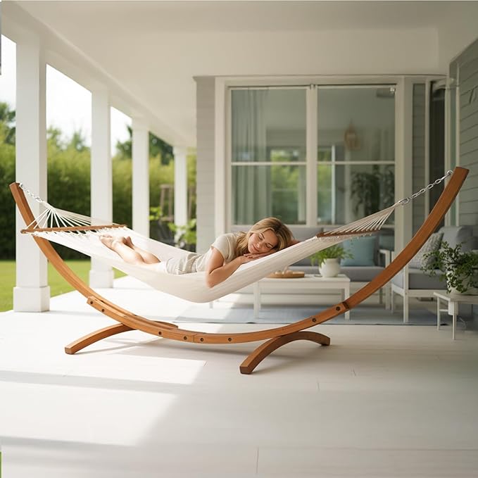 ONCLOUD Premium Double Hammock Set with Curved Hardwood Stand - 10.5ft Outdoor Relaxation System (400lb Capacity) (Teak, 14ft Set)