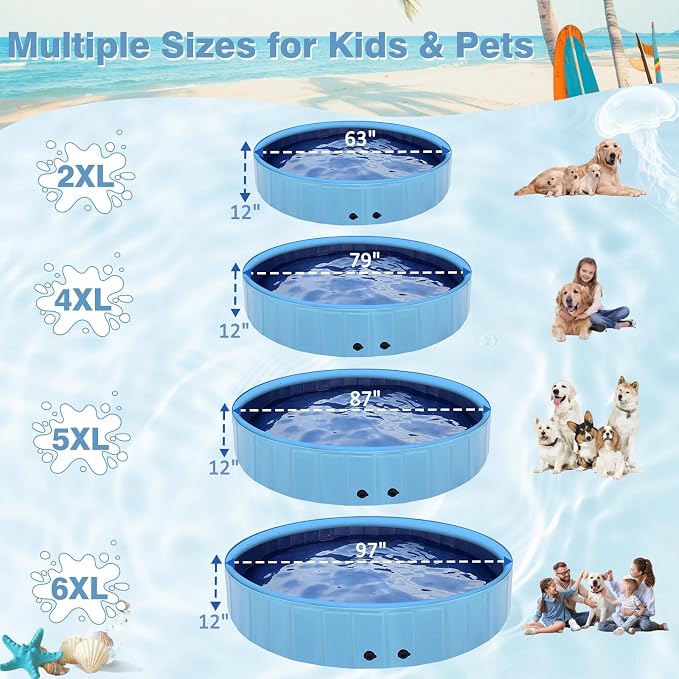 Eooqi Foldable Dog Pool with Sprinkler, 97 Inch Extra Large Thickened Splash Pool, 2-in-1 Outdoor Summer Water Play Toy, Non-Slip Hard-Side Kiddie Pool for Backyard Dogs, Kids & Pets (Blue, 97"-6XL)