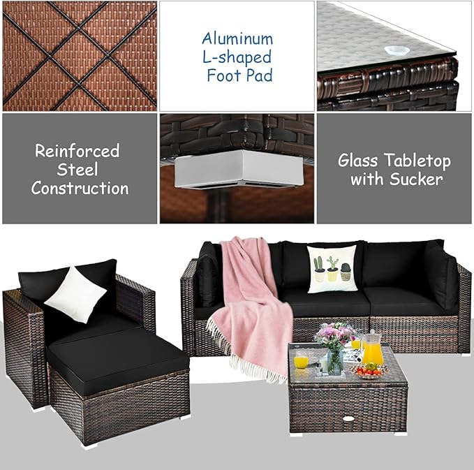 Tangkula 6 Pieces Wicker Patio Furniture Set, PE Rattan Outdoor Sectional Conversation Set with Glass Coffee Table & Ottoman, Wicker Sofa Set with Cushions for Yard Garden, Deck, Porch (Black)