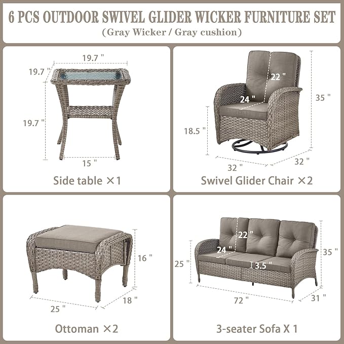 Belord 6 Pieces Wicker Patio Furniture Set - Swivel Rocker Outdoor Chairs with Outdoor Couch and Side Table, All-Weather Patio Conversation Set for Sunroom Deck Backyard