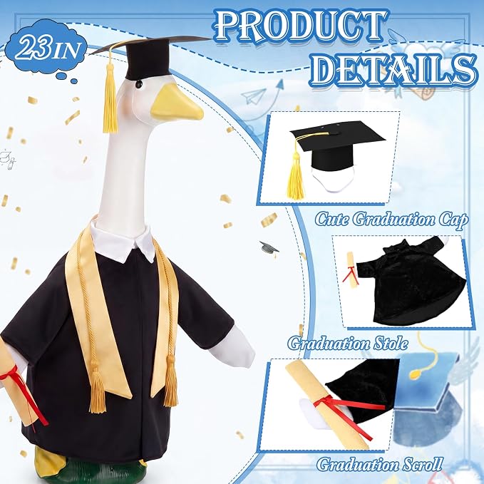 Graduation Porch Goose Outfit Goose Dress Clothes with Grad Sash, Cap and Gown Costume for 23" Gooses Statue Decoration Patio Yard Garden Lawn Outdoor Decors