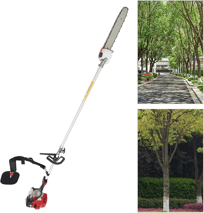 Gas Pole Chain Saw, 43CC 2 Stroke Gas Pole Saw, Tree Branch Pruner 12" Long Pruning Chain Saw 11.4-Foot Extendable Reach 1.25kw 1.7HP Gas Powered for Tree Pruning And Maintenance Red