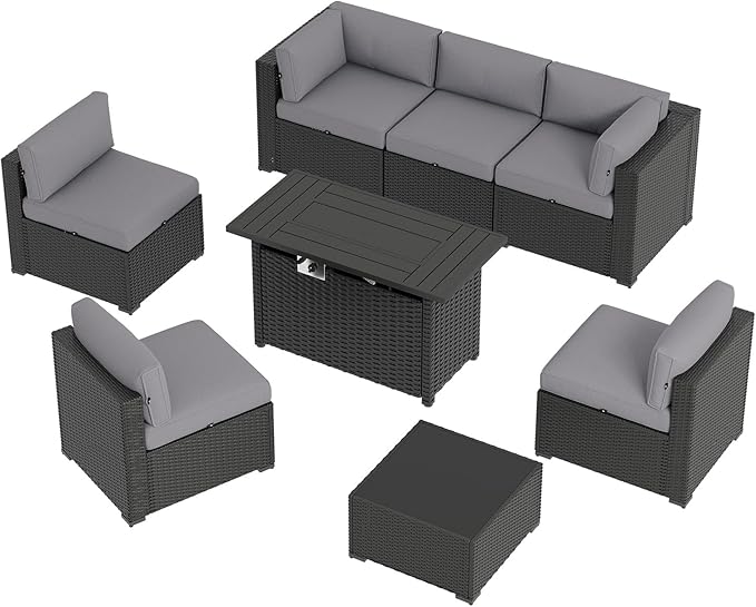 Aoxun 8 Piece Patio Furniture Set with 44” Fire Pit Table Wicker Rattan Patio Sectional Sofa Set Outdoor Seating Furniture with Thickened Cushion, Grey