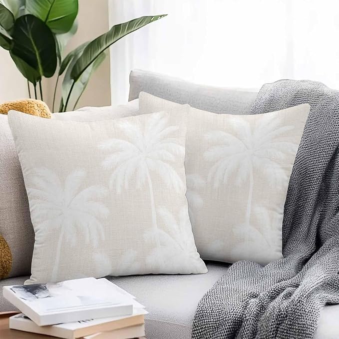 Outdoor Pillow Covers 26x26 Inch Set of 2, Cream Palm Trees Waterproof Throw Pillow Covers, Farmhouse Tropical Summer Beach Decorative Cushion Pillowcases for Couch, Sofa, Bed, Garden, Patio