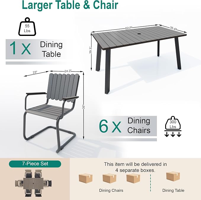 7 Pieces Outdoor Dining Set for 6, Patio Table and Chairs Set with Umbrella Hole, All-Weather HDPE Outdoor Furniture Sets for Backyard Poolside Lawn Garden (Charcoal)