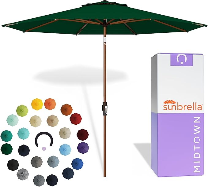 Midtown Umbrellas Wooden 2-8 Ft Patio Umbrella with 360° Swivel & Tilt Mechanism, 8 Fiberglass Ribs & Sunbrella Fabric - Outdoor Umbrella for Deck, Pool & Garden - Burgundy Canopy, Wooden Pole