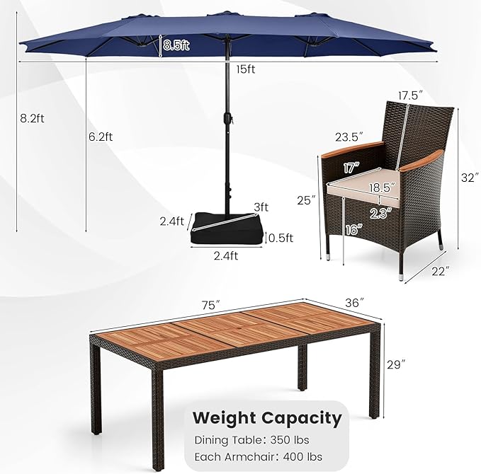 Tangkula 11 Pieces Patio Dining Set with 15ft Double-Sided LED Patio Umbrella (Base Included), Outdoor Rattan Furniture Set with 8 Stackable Chairs, Acacia Wood Dining Table and Umbrella (Navy)