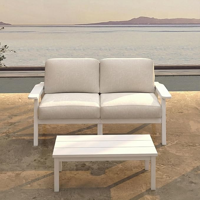 Patio Furniture Set 2 Seats, HDPE Outdoor Sectional with Beige Washable Thick Cushions, Coffee Table, Patio Conversation Sets for Lawn, Garden, Porch, Balcony, Deck (White Frame)