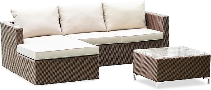 East West Furniture ACL3S02A 3 Piece Patio Conversation Set - Outdoor Sectional Sofa Set Contains a Rectangle Glass Top Wicker Coffee Table and Linen Fabric Cushion , 63x87 Inch, Brown