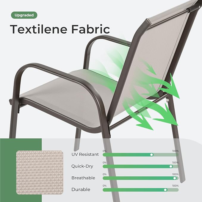 Outdoor Dining Set for 6, Patio Dining Set with Textilene Dining Chairs， Metal Dining Table with Umbrella Hole, Stackable Outdoor Chairs for Garden, Patio, Poolside and Backyard, Grey