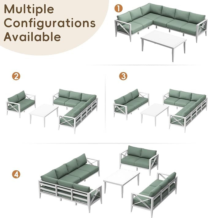 Patio Sectional Sofa Set 8 Seat Outdoor Conversation Set with Cushions, Aluminum Patio Furniture for Backyard Deck Garden Seating