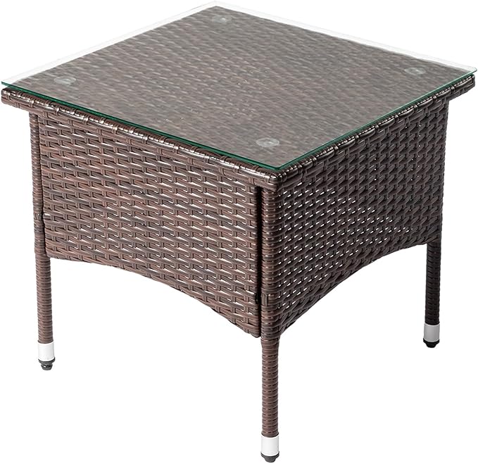 Outdoor Wicker Patio Side Tables for Outside, Tempered Glass Top Wicker Table with Storage End Table for Balcony Porch Deck