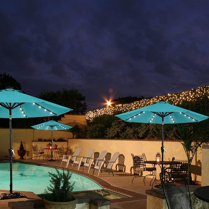 MASTERCANOPY 9FT 8Ribs Patio Umbrella with 32 Solar LED Lights, Outdoor Market Umbrella with Tilt & Crank, UV Protection & Fade Resistant Fabric, Easy Set-Up for Garden, Deck, Pool (Turquoise)