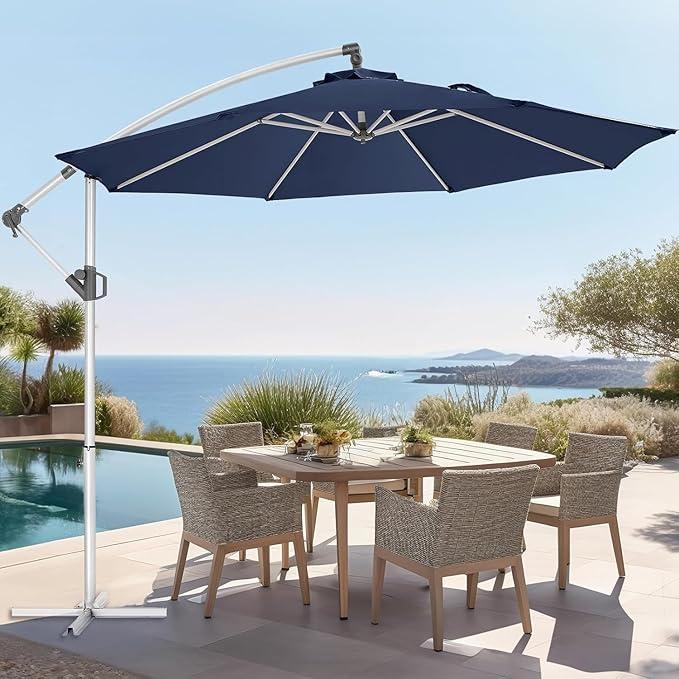 Fangflower 10FT Offset Patio Umbrella, Outdoor Umbrella with 8 Sturdy Ribs, Easy Tilt Adjustment, UPF50+ UV Protection Sun Umbrella for Pool, Porch, Garden, Backyard - Blue