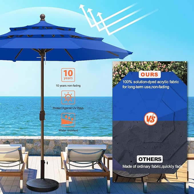 Eurmax USA 10-Year-Non-Fading 10FT 3-Tier Outdoor Patio Market Umbrella,UPF50+ UV Resistant,Heavy Duty Commercial Grade,Crank Lift Design,Windproof Vented Top for Garden,Pool,Deck,Pacific Blue