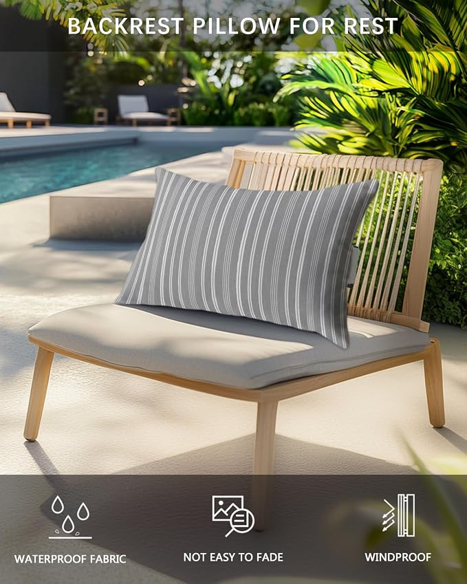 Pack of 2 Outdoor Lumbar Pillow Covers 11x16 Inch, Light Grey Striped Waterproof Throw Pillow Covers Set, Farmhouse Stripes Modern Vintage Indoor&Outdoor Decorative Cushion Cases for Patio Porch Car