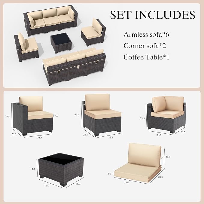 Gotland 9 Pieces Patio Furniture Set with 29.5'' High Backrest, All Weather PE Wicker Outdoor Furniture with 4’’ Thickened Cushions Coffee Table, Patio Set for Deck, Garden, Backyard, Khaki