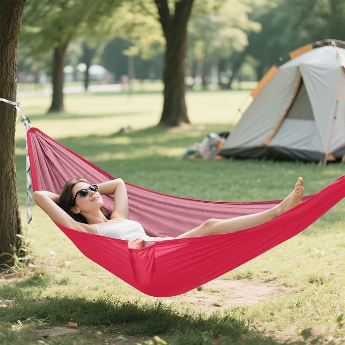 Pink Solid Color Camping Hammock, Portable Lightweight Single Hammock with Tree Straps and Aluminum Carabiners, 114" x 54" Travel Hammock for Hiking Backpacking Beach
