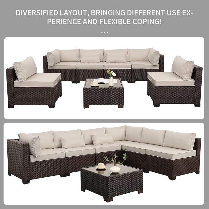 Rattaner 7 Pieces Wicker Patio Furniture Conversation Set Outdoor Sectional Sofa Glass Coffee Table with Non-Slip Cushions and Furniture Cover, Beige