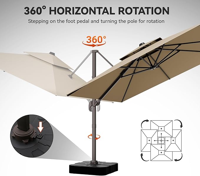 GENTEACO 10X10 FT Cantilever Umbrella, Large Offset Patio Umbrella with Double Top, 6 Angle Tilts & 360° Rotation, Large Square Sun Umbrellas for Outdoor Patio Pool Deck Market, Tan