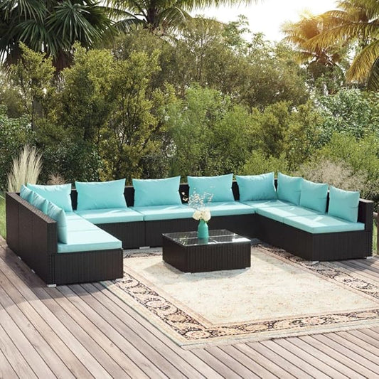 10 Piece Patio Lounge Set with Cushions Poly Rattan Black, Outdoor Dining Chairs, Outdoor Lounge Chairs, Outdoor Sofa Set, Furniture Conversation Set for Balcony, Yard