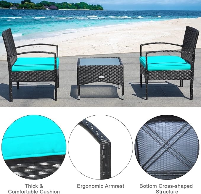 Tangkula 3 Pieces Patio Wicker Rattan Furniture Set, Rattan Chair with Coffee Table, High Load Bearing Chair Conversation Sets for Patio Garden Lawn Backyard Pool