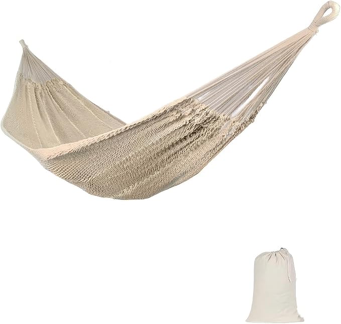 Double Mayan Handwoven Cotton Rope Hammock for Outdoor Indoor Patio Backyard, 79x59 Inch Bed, 480 lbs Capacity, 2 Person (White)