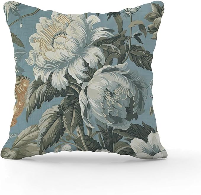 Spa On Flax Blue Chinoiserie Pillowcase Grey Peony Asian Pillowcase 18x18 INModern Accent Decorative Cushion Covers Home Decor for Living Bed Room Patio Home