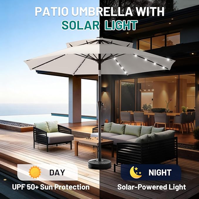 AreShark 9ft 2 Tiers Patio Umbrella with Solar Lights, Outdoor Umbrella w/ 32 LED Lights&8 Sturdy Ribs, Table Umbrella for Deck, Backyard, Pool(Ivory)