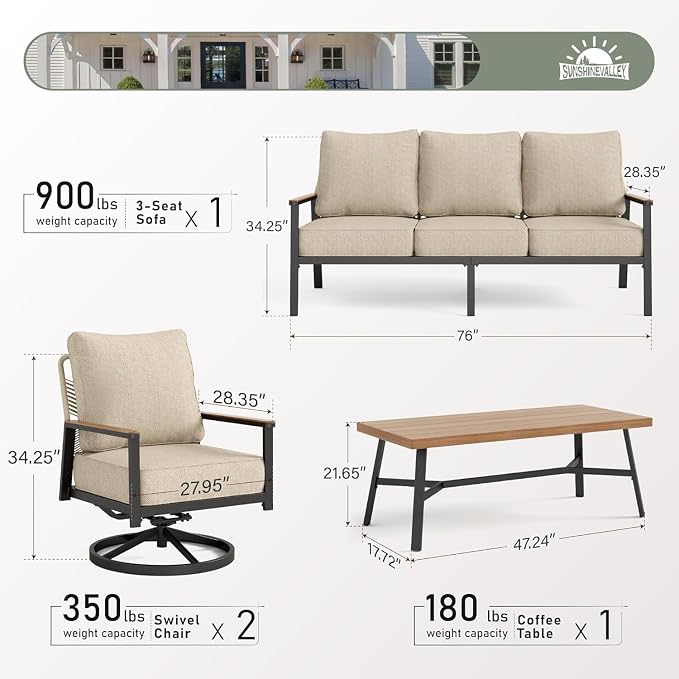 SUNSHINE VALLEY 4 Piece Patio Furniture Set with Swivel Chairs, High Back Rope Rattan Outdoor Conversation Set with Extra Thick Cushion and Coffee Table for Lawn Garden Backyard and Deck