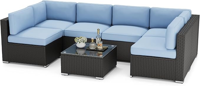 SOLAURA 7 Pieces Outdoor Patio Furniture Set, Black Brown Rattan Outdoor Patio Sectional Conversation Set, Modular Sofa Set with Coffee Table, Sky Blue