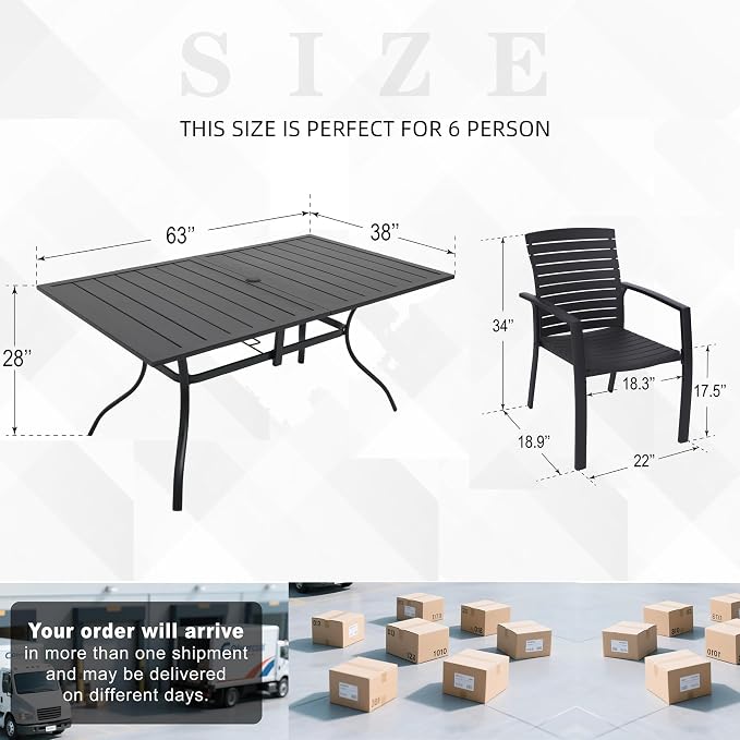 Outdoor Patio 63" Rectangular Table and Aluminum Resin Chairs 6 Person Set | Aluminum Frame Chairs, Resin Chair Seat, Resin Chair Back, 6 Piece Stackable Chairs, 1 Piece Black Metal Table, 6 Person Set