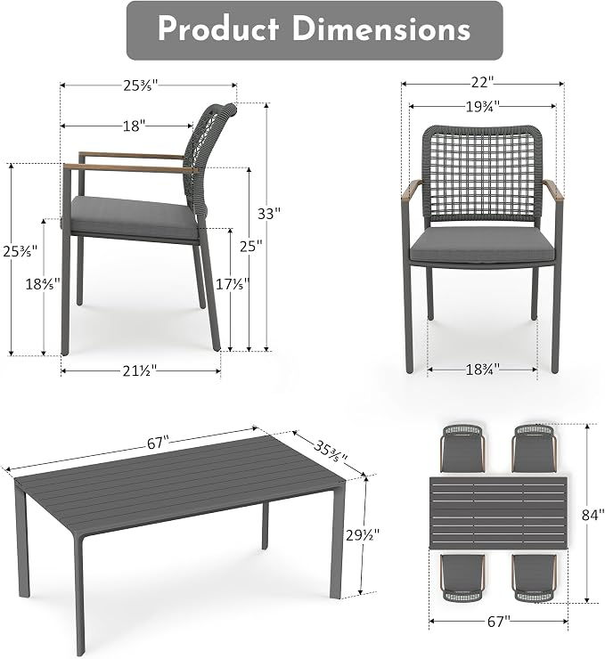 Modern Shade 5 Piece Luxury Outdoor Dining Set, Designer Outdoor Table and Chairs with Fade Resistant Cushions & FSC Teak, Premium Aluminum Patio Table and Chairs Set for Elegant Outdoor Living, Gray
