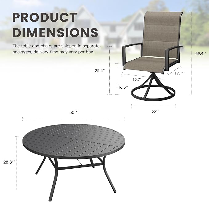 Outdoor Dining Set for 6, 50.1" Outdoor Dining Table with Umbrella Hole and Padded Textilene Patio Swivel Chairs, 7 Pieces Patio Table and Chairs Set for Garden Backyard, Mixed Brown and Black