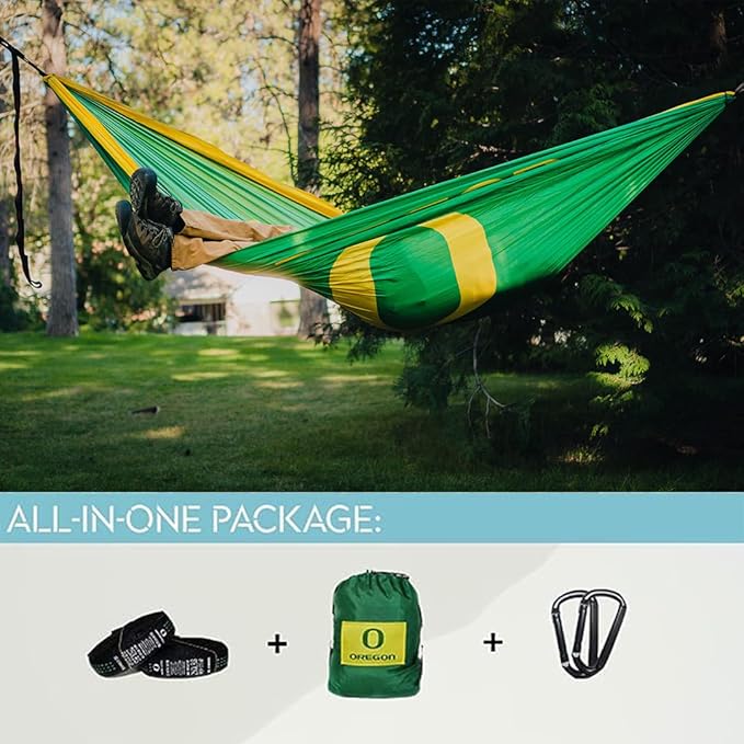 Rincon Official (University of Oregon) College Hammock - Premium 210T Nylon, Spacious 112 x 74 inches (LxW) Double & Single Camping Hammock - Portable Outdoor Adventure Gear for Students and Alumni