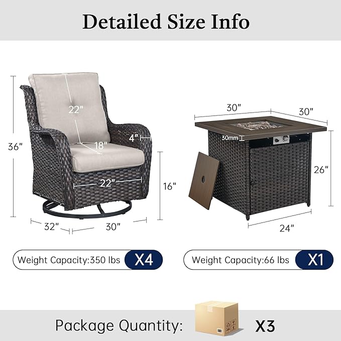 Wicker Patio Furniture Set- 4 Pieces Outdoor Swivel Rocker Chairs with 50,000 BTU Fire Pit Table,PE Rattan Outdoor Conversation Set for Garden Porch Deck