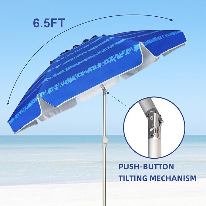 AMMSUN Beach Umbrellas for Sand Heavy Duty Wind Portable, 6.5 ft Beach Umbrella with Sand Anchor & UV Protection, Carry Bag for Outdoor Patio Garden Outdoor, Blue