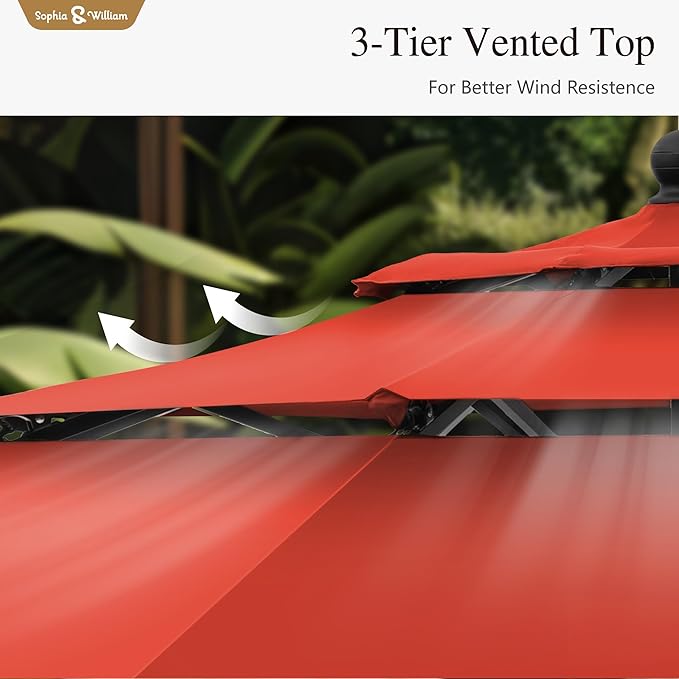 Sophia & William 10ft 3 Tier Auto-tilt Patio Umbrella,Wind Resistent,Outdoor Patio Umbrellas Double Vented Umbrella with Crank for Pool Garden Backyard, Red