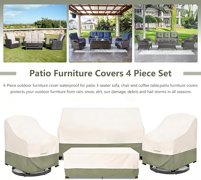 Bitubi Outdoor Waterproof Patio Furniture Covers 4-Piece Set for Swivel Rocker Chairs, Patio 3-Seater Sofa 76in, Coffee Table 48in, Heavy Duty 600D Tough Canvas, Beige