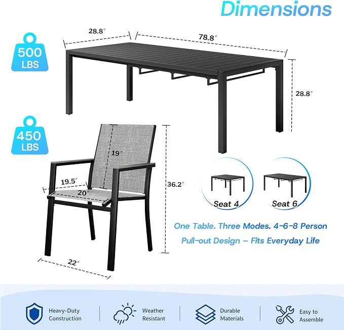 Bigget Extendable Outdoor Dining Set for 8, Expandable 8 Person Outdoor Dining Table Set with Highback Wide Deep Seat Armchairs 450LBS, Sturdy Powder-Coated 9 Piece Patio Dining Set for Backyard, Gray