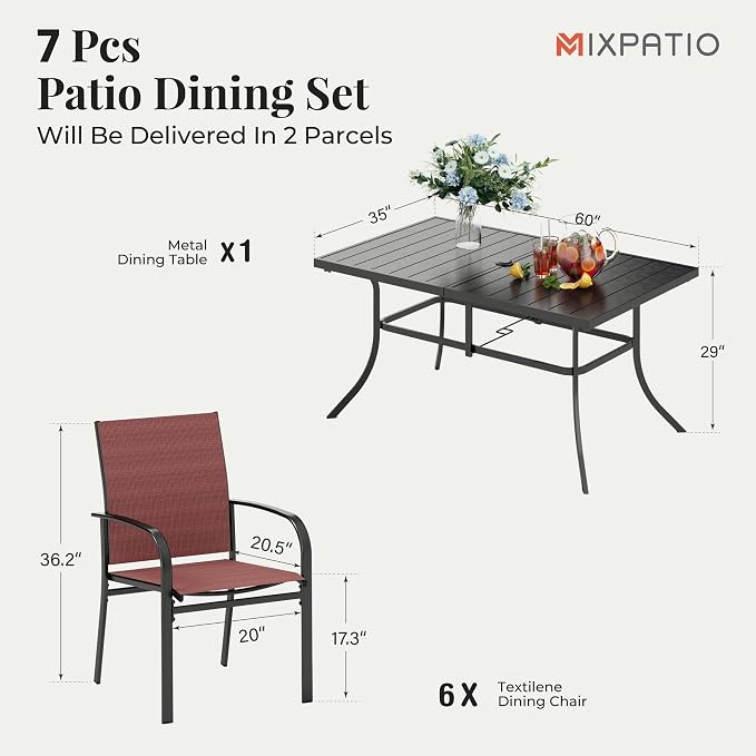 MIXPATIO Patio Dining Set 7 Piece Outdoor Furniture Set with Metal Patio Dining Table with Umbrella Hole for Deck Garden Backyard Lawn, Red