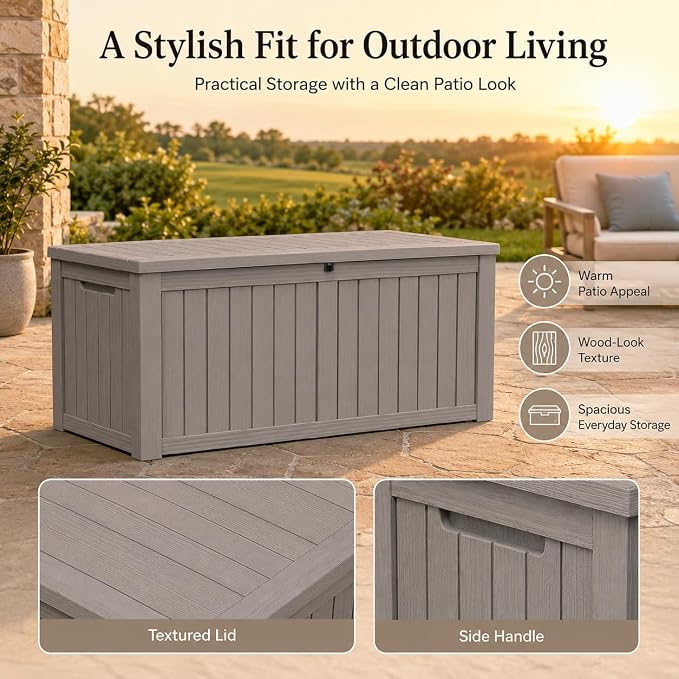 Outdoor Deck Patio Storage Box - 140 Gallon Large Outdoor Deck Box, Plastic Storage Bin with Lid, Outside Toy Box & Pool Storage Container for Cushions, Garden Tools, Towel, Brown