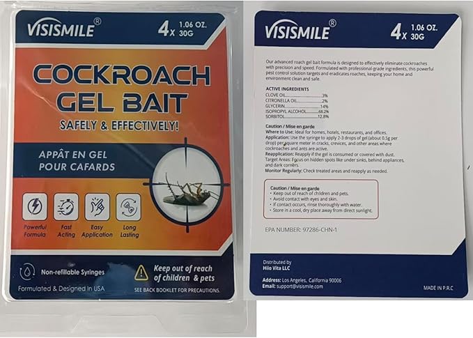Roach Gel Bait Indoor and Outdoor: Cockroach Killer Repellents for German Cockroaches, Small Roaches – Cockroach Deterrent for Homes and Kitchens – Pet Safe Roach Control 4-Tubes