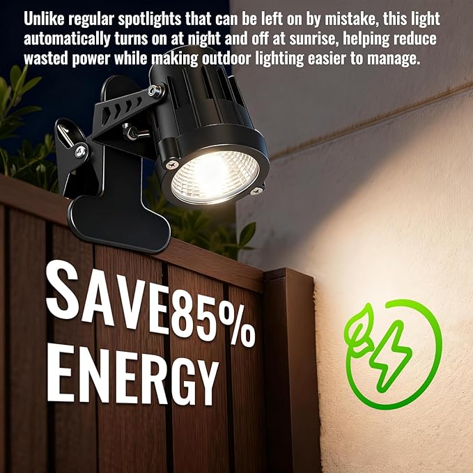 TAYSING Dusk to Dawn Outdoor Landscape Spot Lights with Clip, 9W 800LM Plug in Spotlight, 3000K Warm White, IP66 Waterproof with 5FT Cord for Garden Tree Flag Pathway Patio, 2 Pack