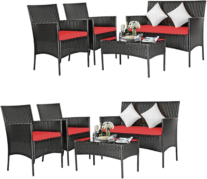 DORTALA 8 Pieces Patio Furniture Set, Rattan Conversation Set with Coffee Table & Cushions, Outdoor Wicker Sofa Set for Poolside, Backyard, Red