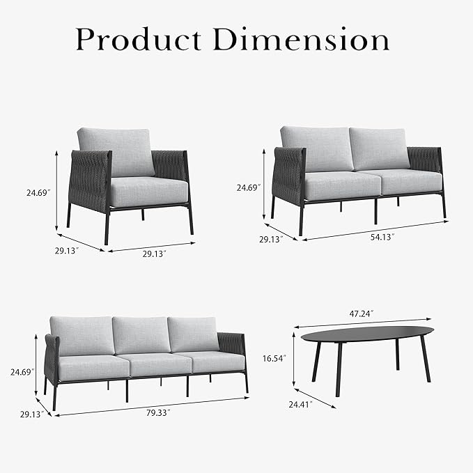 LayinSun 7 Piece Outdoor Furniture Set with Coffee Table, Modern Rope Woven Patio Conversation Sofa Set with Olefin Braid and Deep Seating