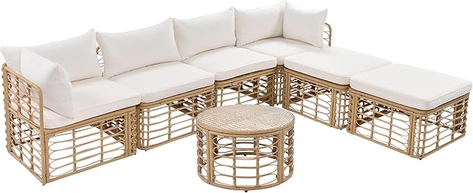 LUMISOL 7 Pieces Outdoor Wicker Sectional Sofa Set with Ottomans & Coffee Table, Rattan Conversation Sofa, Beige