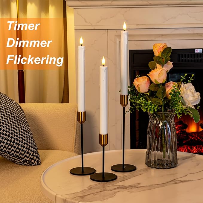 Homemory 48 Pcs Plastic Flameless Taper Candles with Remote Timer Dimmer, Taper Candles Battery Operated with Flickering Light, White Led Candlesticks for Wedding Party Holiday Decoration 9.6 Inches